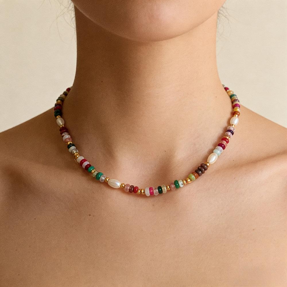 Exquisite Elegance Fashion Colorful Beads Natural Freshwater Pearl Clavicle Chain Necklace Retro Gold Jewelry Gifts for Women