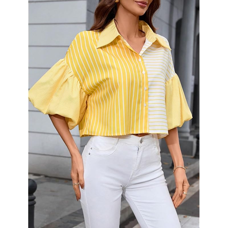 Shasmi Women' Random Striped Print Button Up Casual Shirt with Lapel Collar, Women' Fashion Striped Design Versatile
