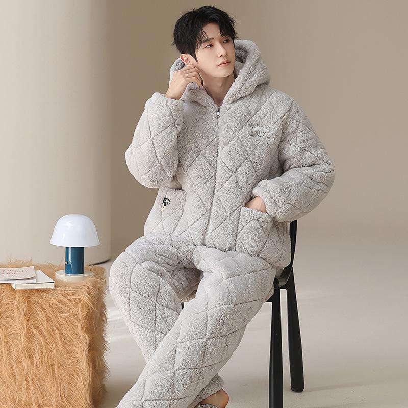 Couple pajamas winter coral fleece padded three-layer thickened fleece thermal storage warm men's and women's hooded loungewear set