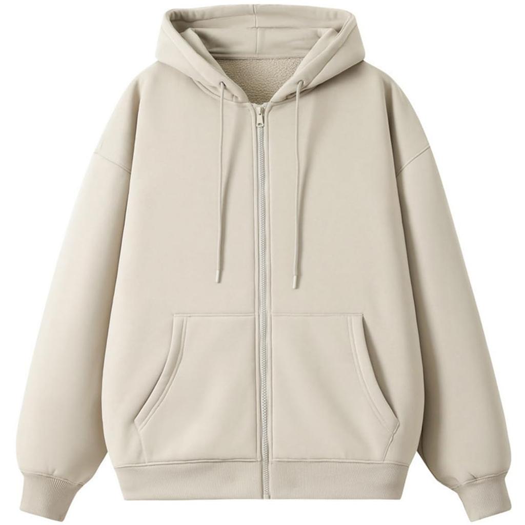 Long Solid Loose Plus Sizes [ODFMCE] Women's Fall/Winter Hoodie, Sleeve, Zip-Up, Fleece-Lined, Color, Stylish, Casual, Fit, (JP, Alphabet, 2XL, Beige)