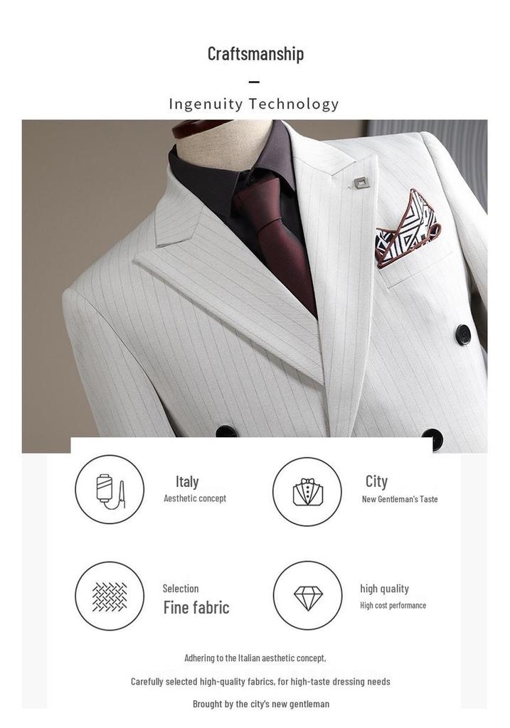 Apricot White Striped Double-Breasted Slim-Fit Suit Set for Casual, Groom, or Formal Business Attire.