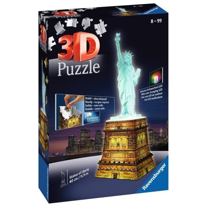 Puzzle 3D Statue de la Liberté illuminée - Ravensburger - Monument 108 pièces - sans colle - avec LEDS couleur - Dès 8 ans