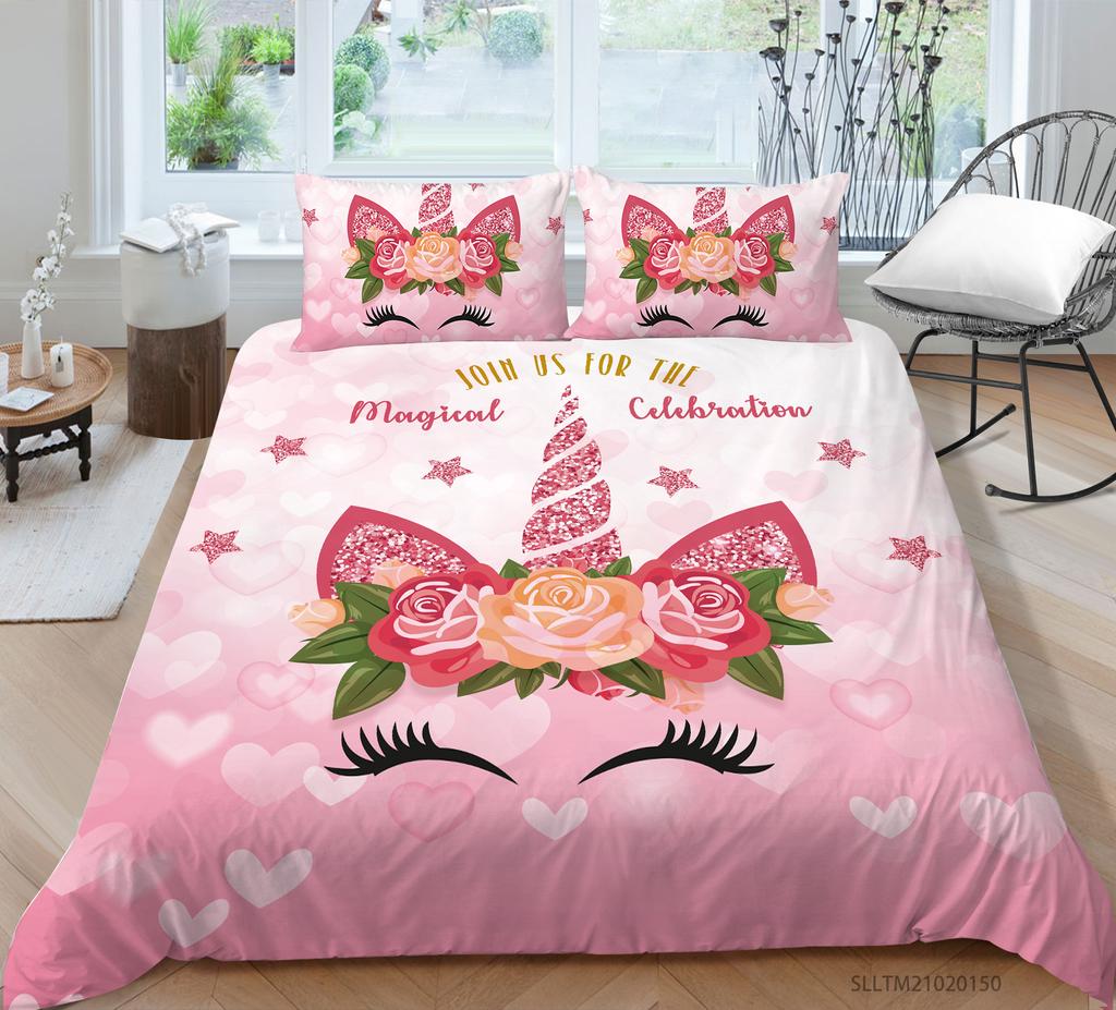 Pink Unicorn Flowers Duvet Cover Set King Queen Double Size Polyester Comforter Cover With Pillowcase For Kids Girls Bedding Set