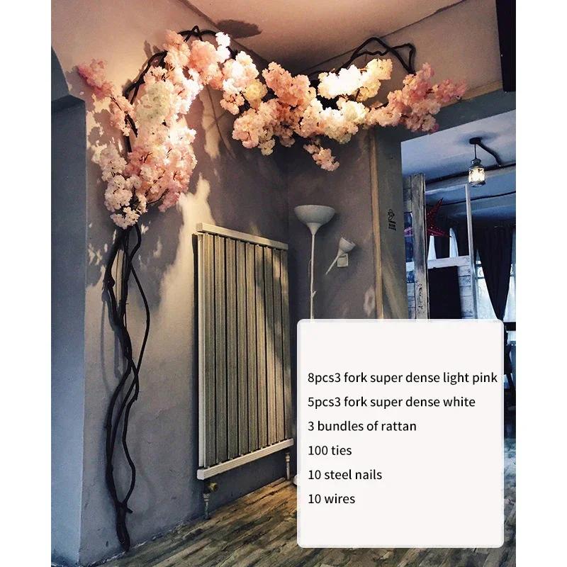 Artificial Cherry Tree Rattan Flower, Silk Wedding Background, Wall Decoration Flower, Home Decoration