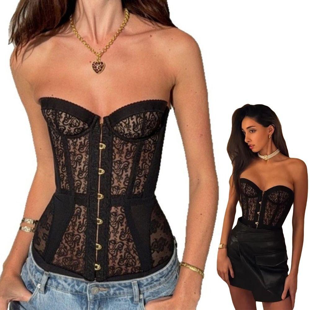 Sexy Style Black Women Strapless Top Lace Hollow Out See Through Top Corset Vest Party Vacation Wear