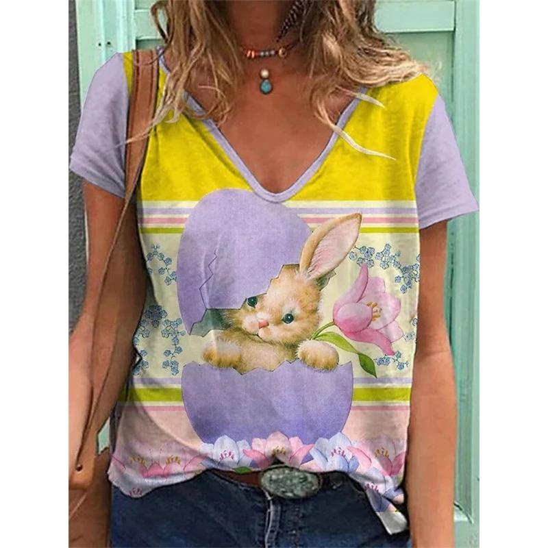 Summer New Casual Daily Versatile Pattern Rabbit 3D Printed Short Sleeved V-neck T-shirt