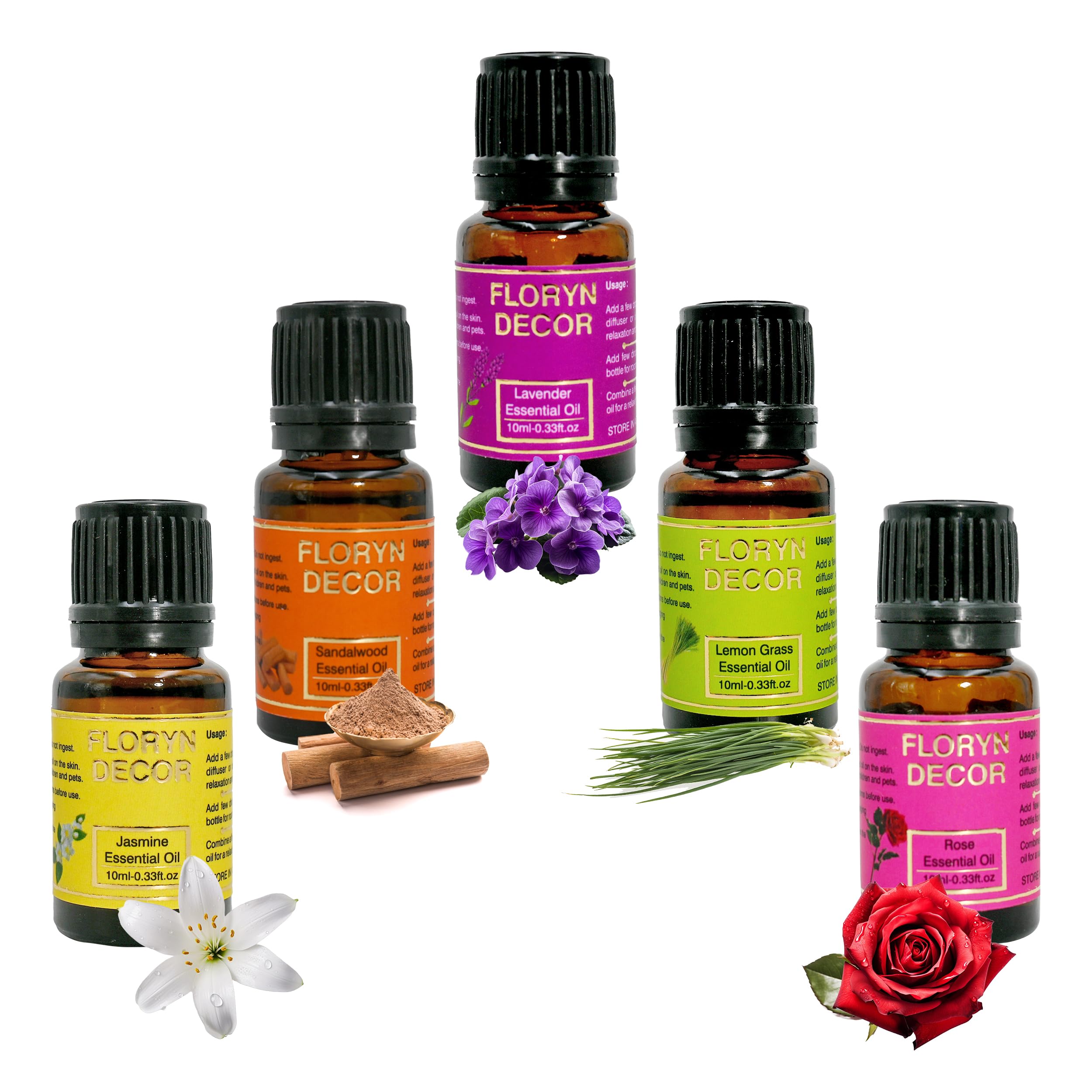 Floryn Decor Pure Essential Oil | Aroma Oils for Home Fragrance | Essential Oil Diffuser for Home (Lavender, Rose, Jasmine, LemonGrass, Sand