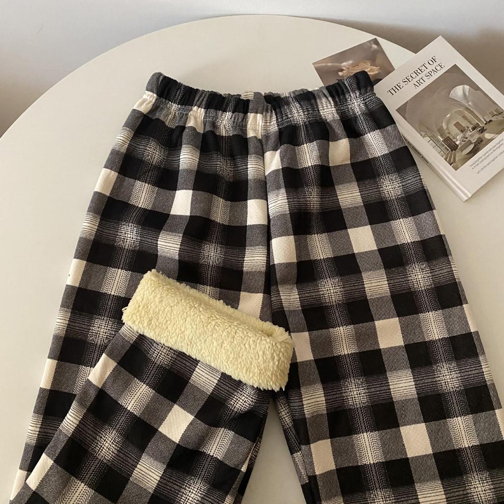 Damen Hochtaillierte Fleecegefütterte Woll-Plaid Weitbeinige Hose