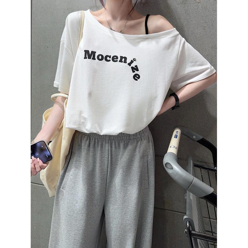 Plus size women s summer lettering fashion off-shoulder short-sleeve T-shirt, plus-size pleats for plus-size women, waist-cinching irregular short top S белый