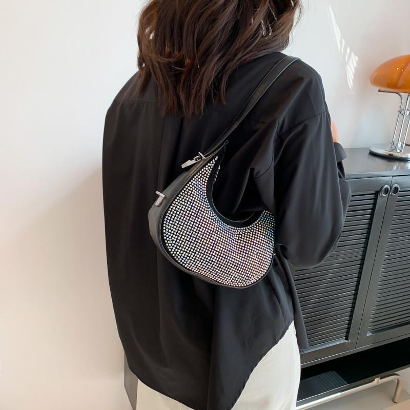 Stylish Street Fashion Pu Hobo Bag For Women 2023 Crescent Handbag Black Silver Colorful