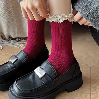 Lace Socks Ankola Red Medium Tube Socks Cotton Season Red Stacking Socks Socks