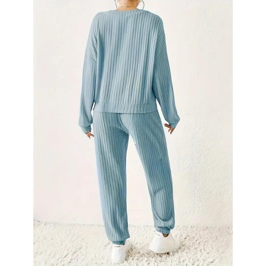 VEZFAA Women's Fashion Casual Spring Fall Solid Color Print Long Sleeve V-Neck Trousers Pants Suits