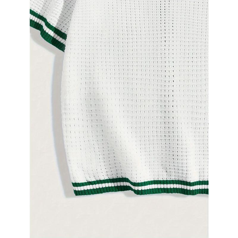Short Sleeve Knit Cardigan Green Collar Waffle Texture Breathable Summer Casual Top