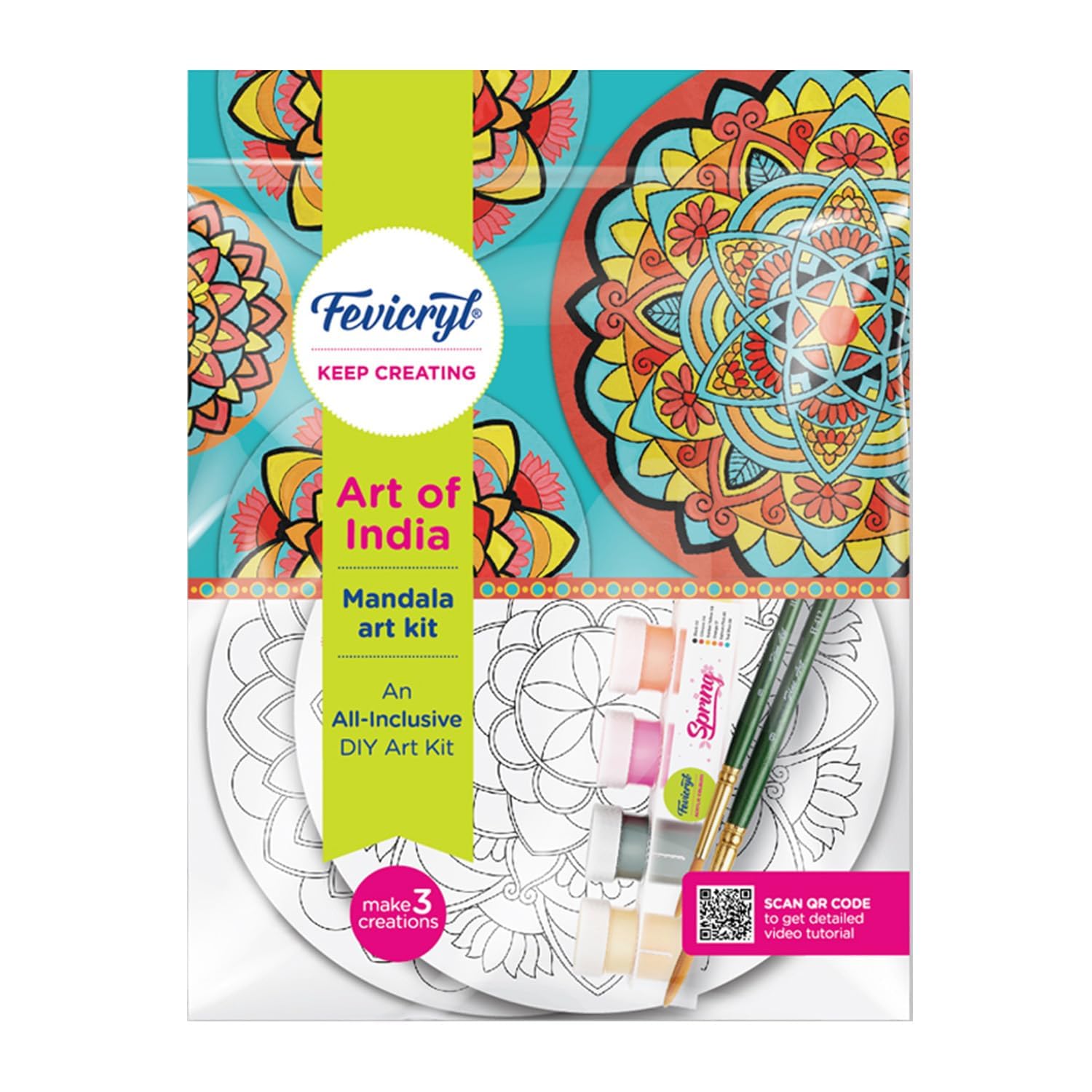 Fevicryl DIY Art of India Mandala Art Kit Acrylic Paints 6 Shades 2 Round Brushes 3 MDF Boards Guided Beginner Art Set