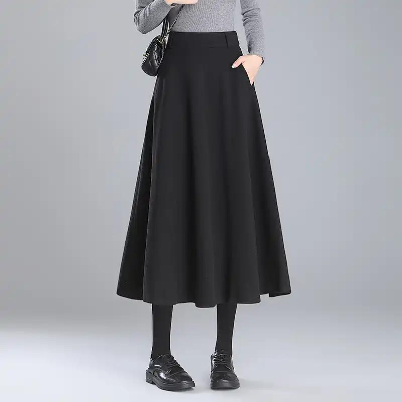 Woolen Skirt Women's Autumn Winter New Style Small Person Control High Waist Slimming Mid-length A-line Skirt