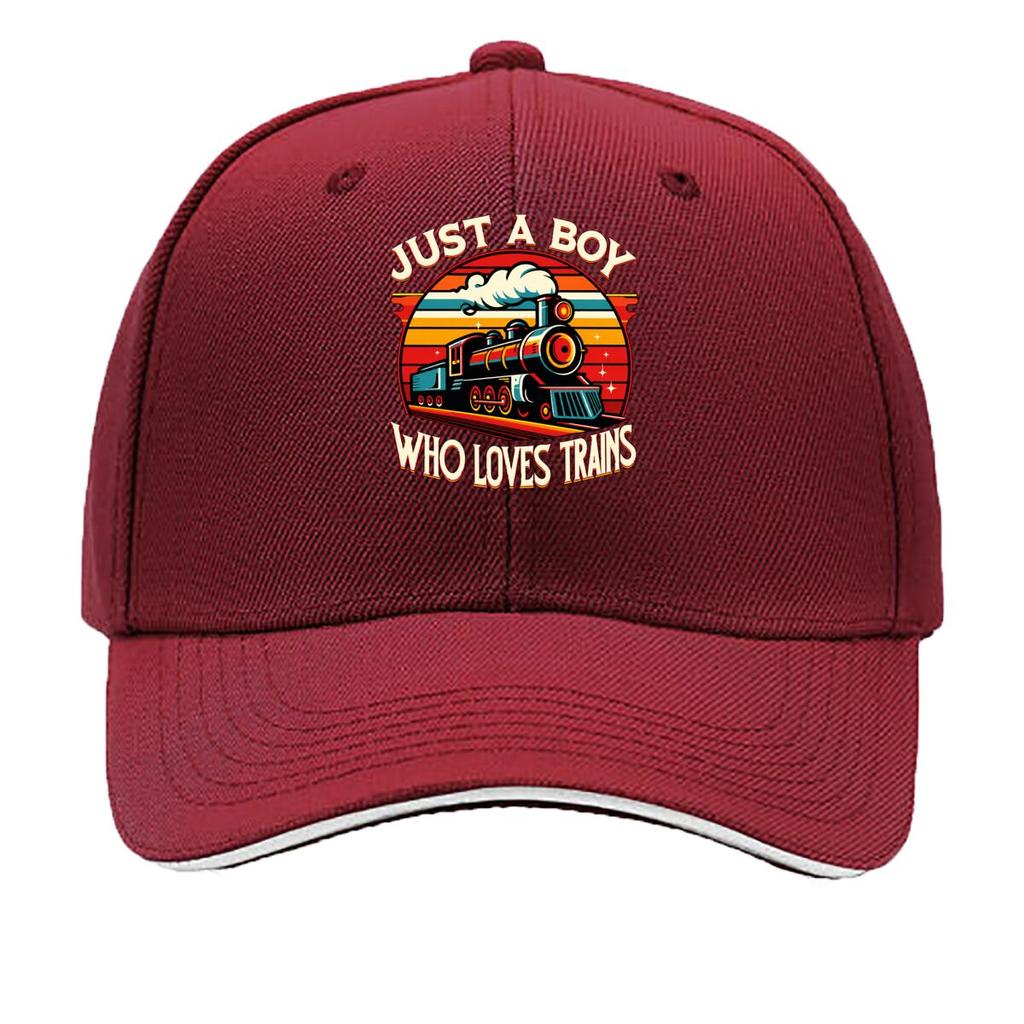 Just A Boy Who Loves Trains Vintage Steam Locomotive Sandwich Baseball Cap Unisex Women Sun Cap Outdoor Workouts Hat