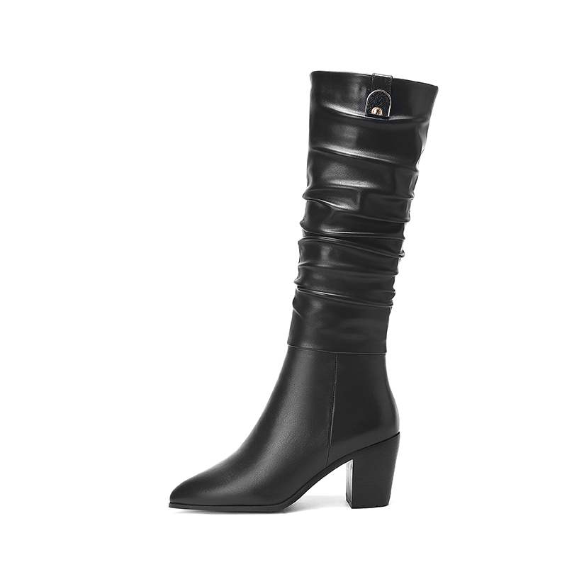 Krazing Pot Buty Jesienno-Zimowe ze Skóry Krowiej Grube Wysokie Obcasy Duży Rozmiar 45 Rozmiar 44 Szpiczasty Nosek Plisowana Dekoracja Kobiety Utrzymują Ciepło Kozaki do Połowy Łydki