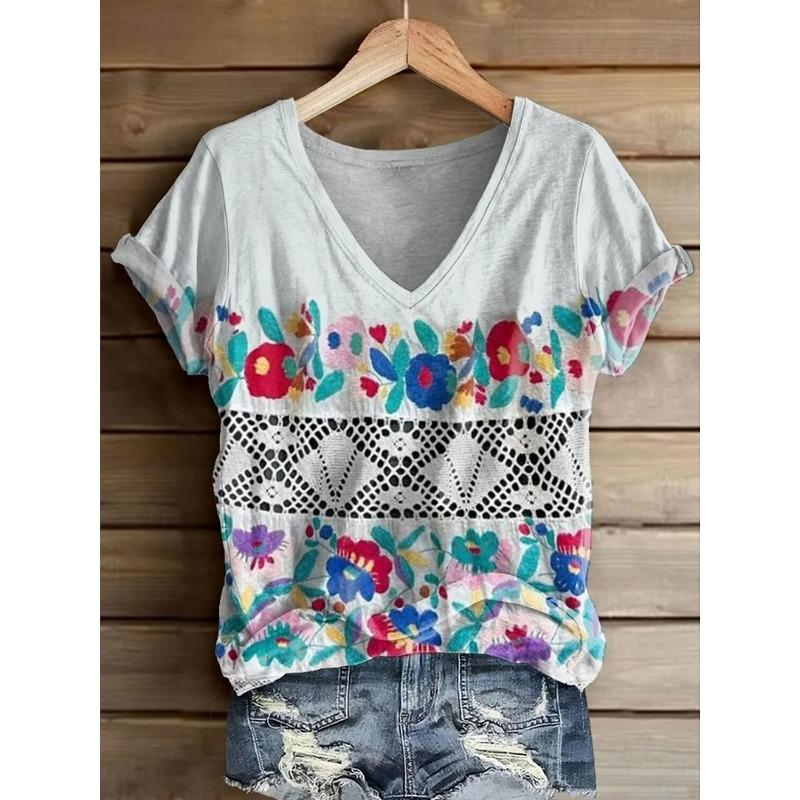 Damen Vintage Klassisch Stilvoll V-Ausschnitt Kurzarm T-Shirt Blumig Geometrischer Print Lässig Reguläre Oberteile Tägliche Kleidung für den Sommer