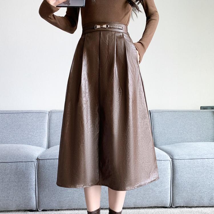 DIMANAF 2025 New Autumn Plus Size Long Women PU Skirts Elastic Waist Oversize Lady Elegant High Waist Skirts Solid