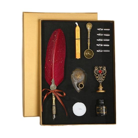 1 Set Retro Quill Pen Set with Lacquer Stick Handcrafted Vintage Glitter Design Feather Pen Kit for Students