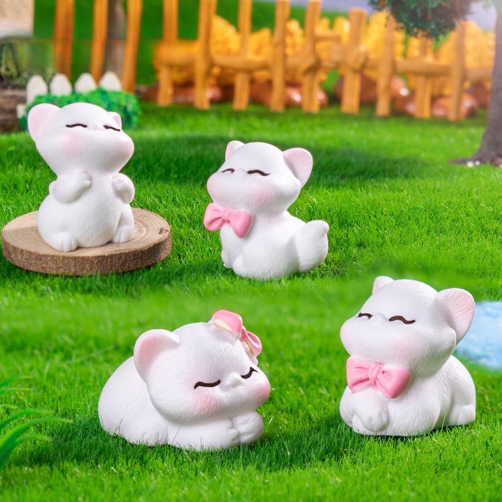 4Pcs/set Cartoon Bow Cat Animal Miniatures Resin Ornaments Fairy Garden Decoration Moss Terrarium Micro Landscape
