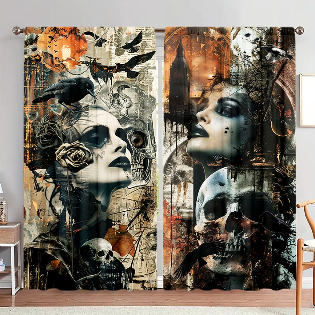 2pcs Retro poster style Printed Curtain for Home Decor - Rod Pocket Window Treatment for Bedroom, Office, Kitchen, Living Room,