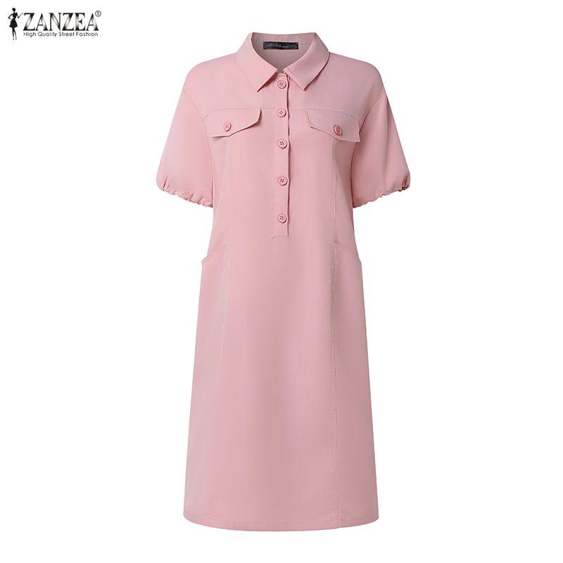 ZANZEA Women Casual Turn Down Collar Summer Short Sleeve Dress