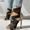 2025 European and American Foreign Trade Women's Shoes Large Size Fish Mouth Sandals Thin Heel High Heel Hollow Sexy Snake Pattern Elastic Band