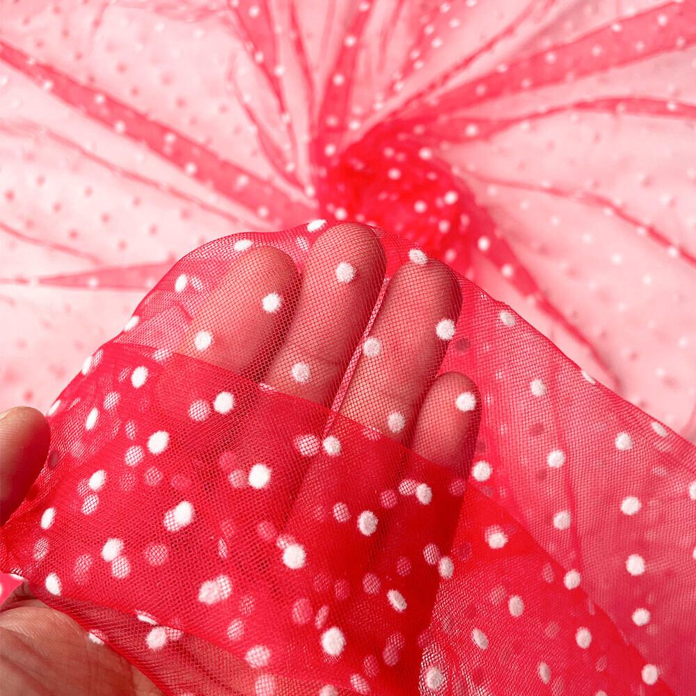 Flocked Polka Dot Tulle Fabric White & Khaki Polyester Stretch 155cm Width for Puff Skirt Clothes Sewing DIY Wedding Decoration