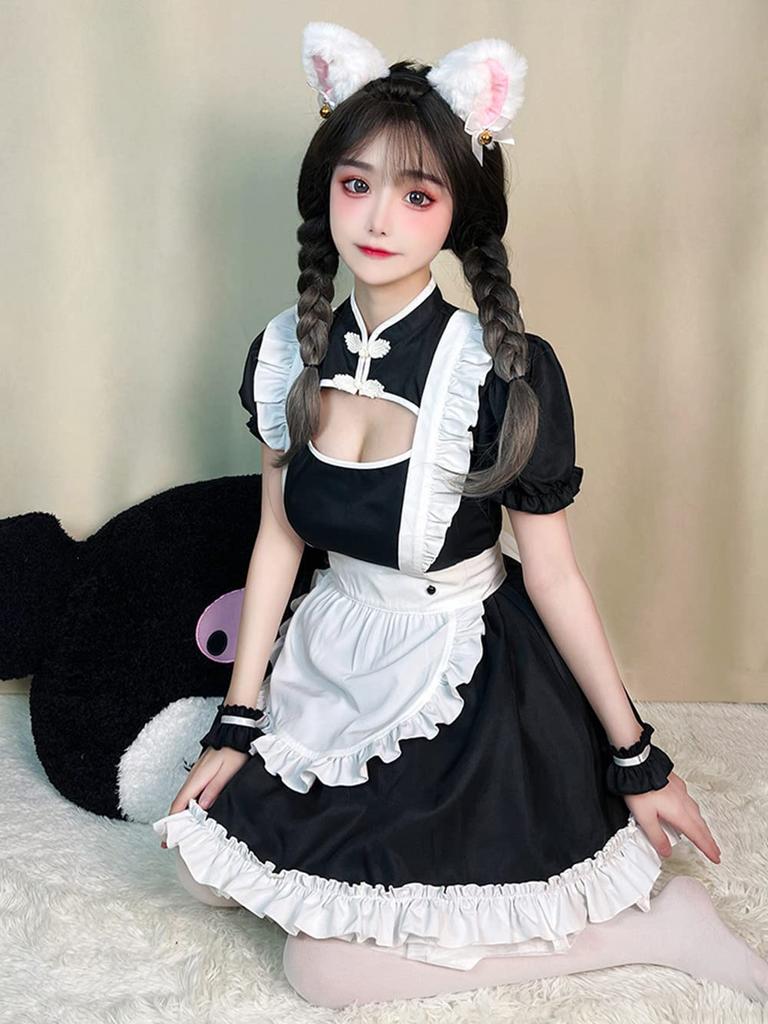 YUEEI Maid Outfit with Open Neckline and Cat Sexy Halloween Lolita Short Chinese Open Coffee Shop Includes Socks Ears, Cosplay, Costume, Dress,