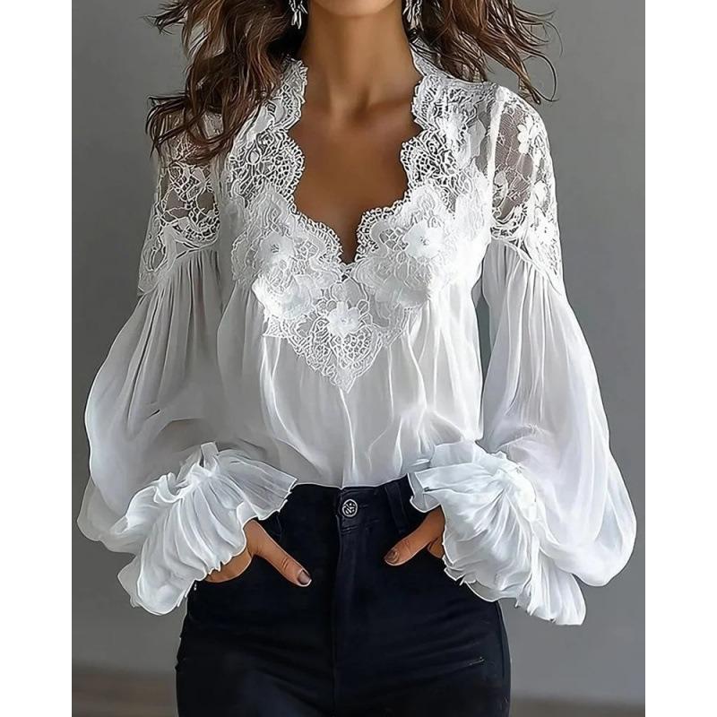 QICED Women's Fashion Casual Solid Color Print Long Sleeve V Neck Blouses & Shirts