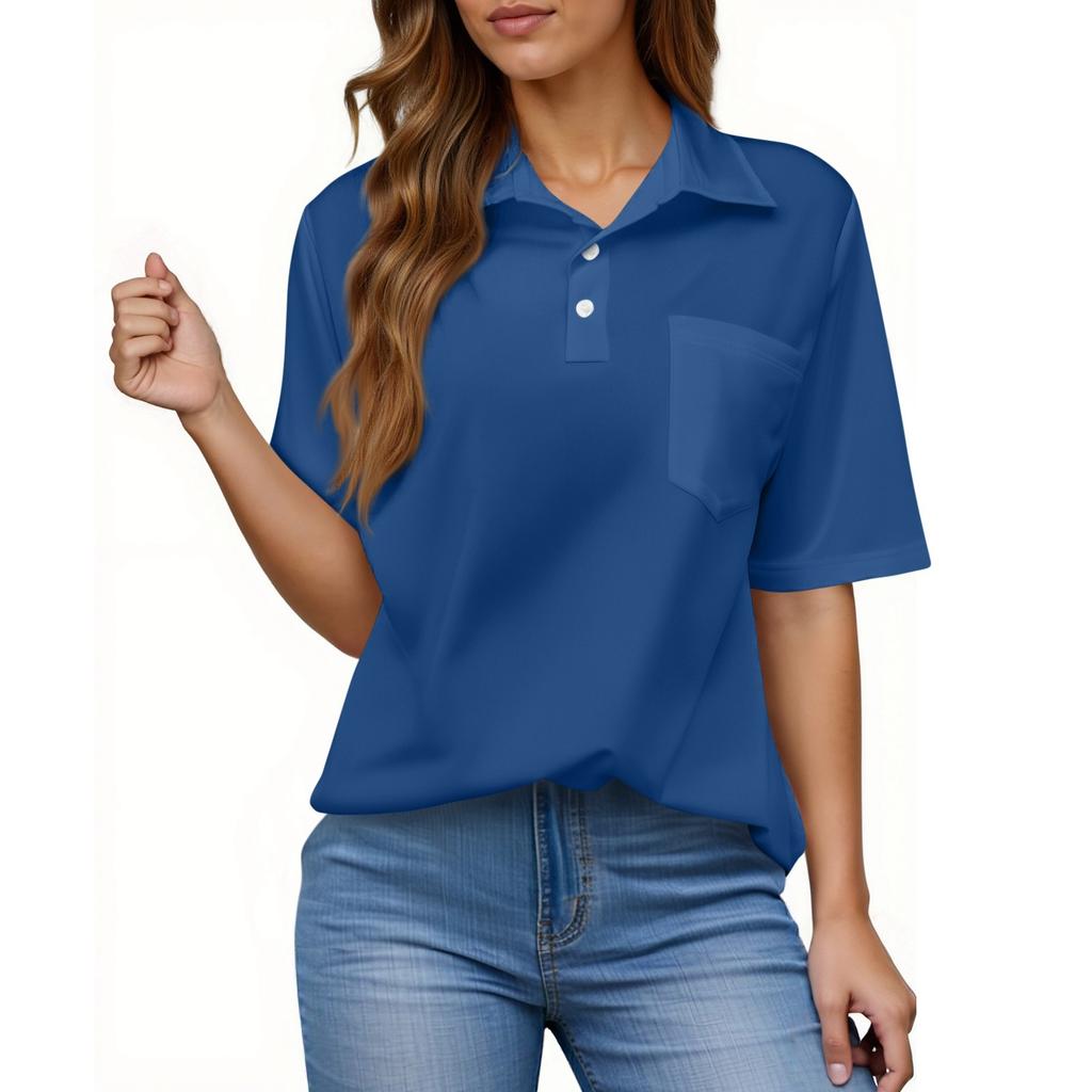 Women's Casual Loose Fit Shirt, Short Sleeve Button-Up Top with Pocket, Red, Comfortable Everyday Wear