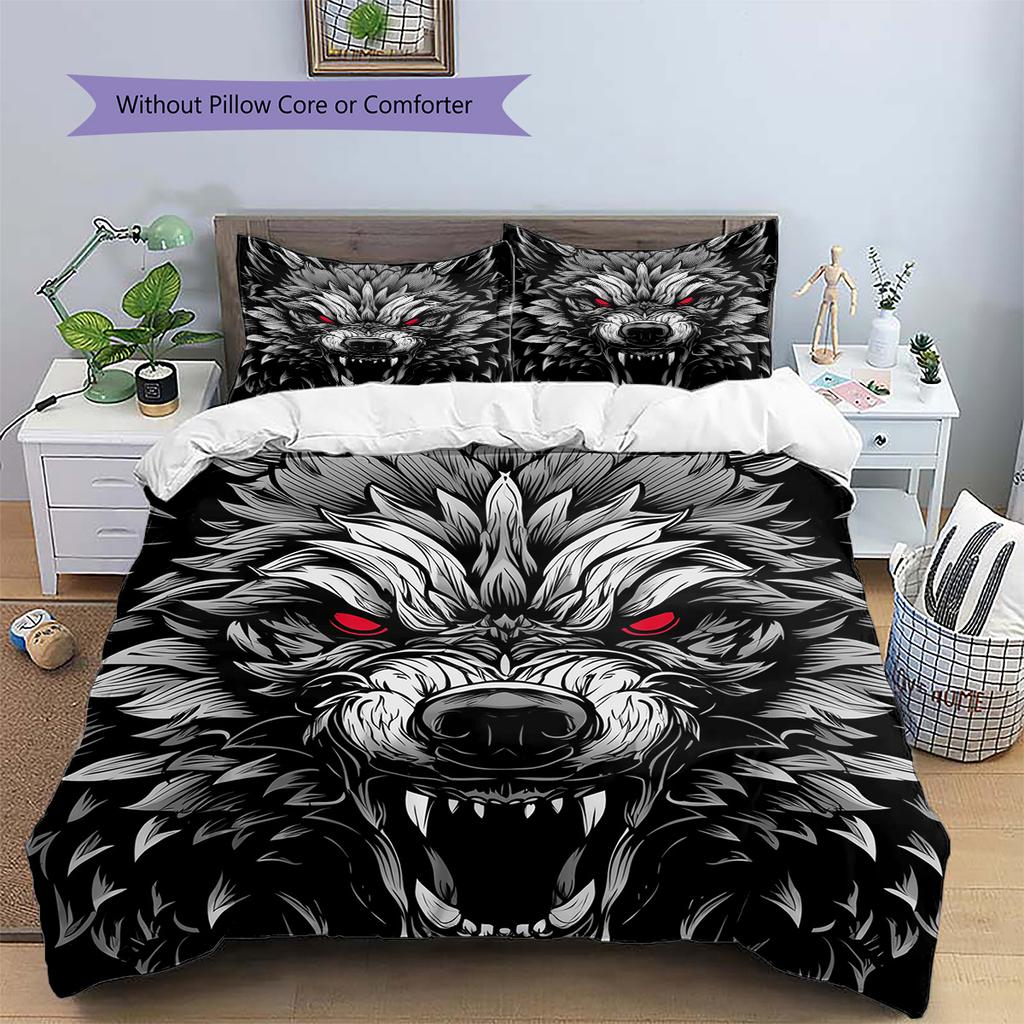 Red-Eyed Wolf  Pattern Bedding Quilt Set Quilt Cover Pillowcase Home Decoration  Gift (1 * Duvet Cover + 2 * Pillowcase, Without Core)