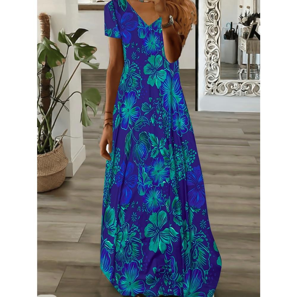Женское яркое сине-зеленое длинное платье с цветочным принтом 2XL
