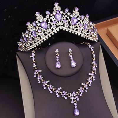 Luxusní fialová princeznovská korunka s náhrdelníkem a náušnicemi, sady šperků pro ženy, svatební doplňky