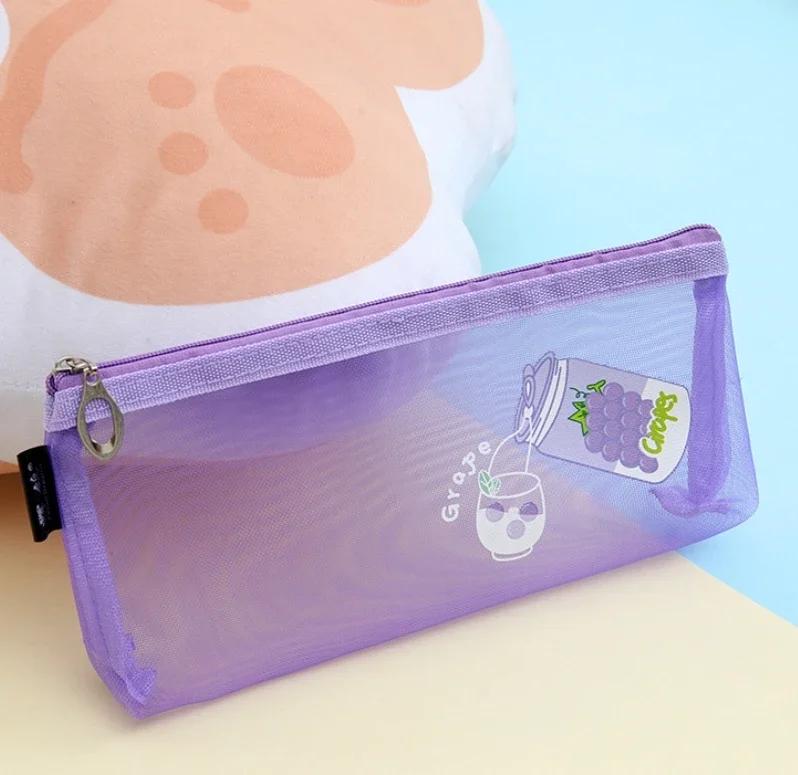 Cute Cartoon Mesh Pencil Case Large Capacity Transparent Stationery Storage Bag Cosmetic Organizer for Girls School Supplies