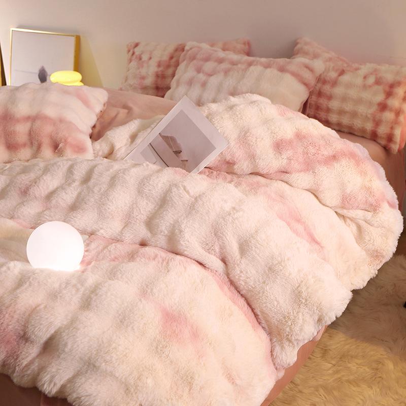 Premium Winter Rabbit Fur Plush Four-Piece Set: Thickened Coral Fleece & Milk Velvet Duvet Cover with Faux Fur Three-Piece Bed Sheet Set.