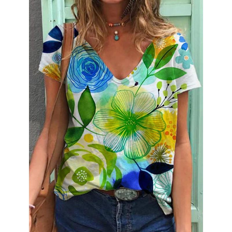 Summer V-neck 3D Mother's Day Alphabet Flower Printed Top Fashionable Casual Short Sleeved Women's T-shirts