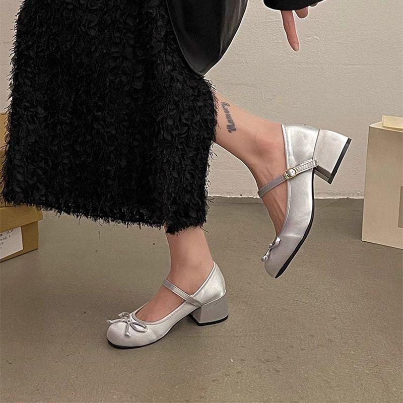 Single Shoes Women's 2025 Summer Buckle with Platform Satin Ballet Shoes Bow Thick Heel Mary Jane with High Heels