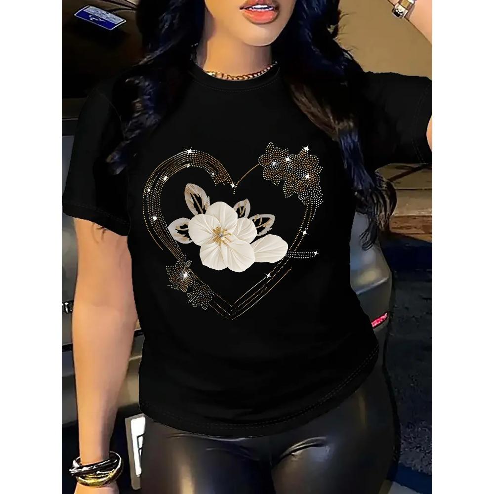 Women's Casual T-Shirt Short Sleeve Comfort Fit with Heart Floral Print Simple Design Showing Natural and Elegant Style Tops