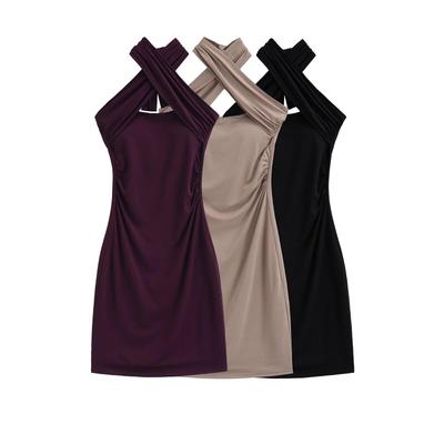 Elegant Halter Neck Cross Strap Bodycon Dress: Mature, Fashionable, Slim Fit Short Skirt for Women 2026.