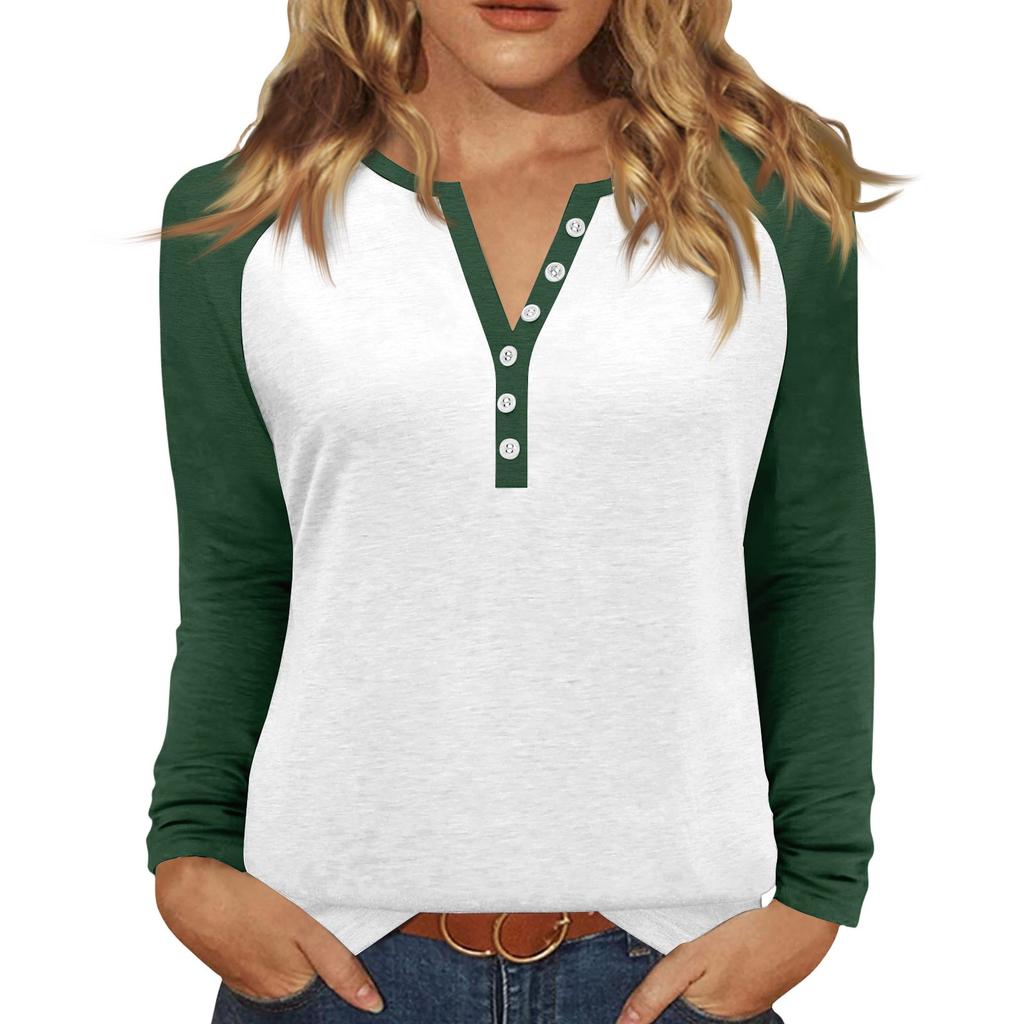 Women's T Shirt Color Block Button Long Sleeve Daily Weekend Fashion Basic V- Neck Regular Top