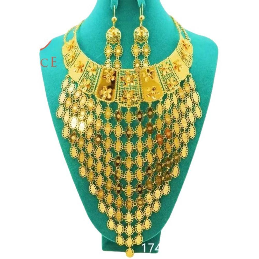 Arab Dubai Gold Plated Jewelry Tassel Necklace Earrings Set Kenyan Ethnic Style African Wedding Jewelry Women