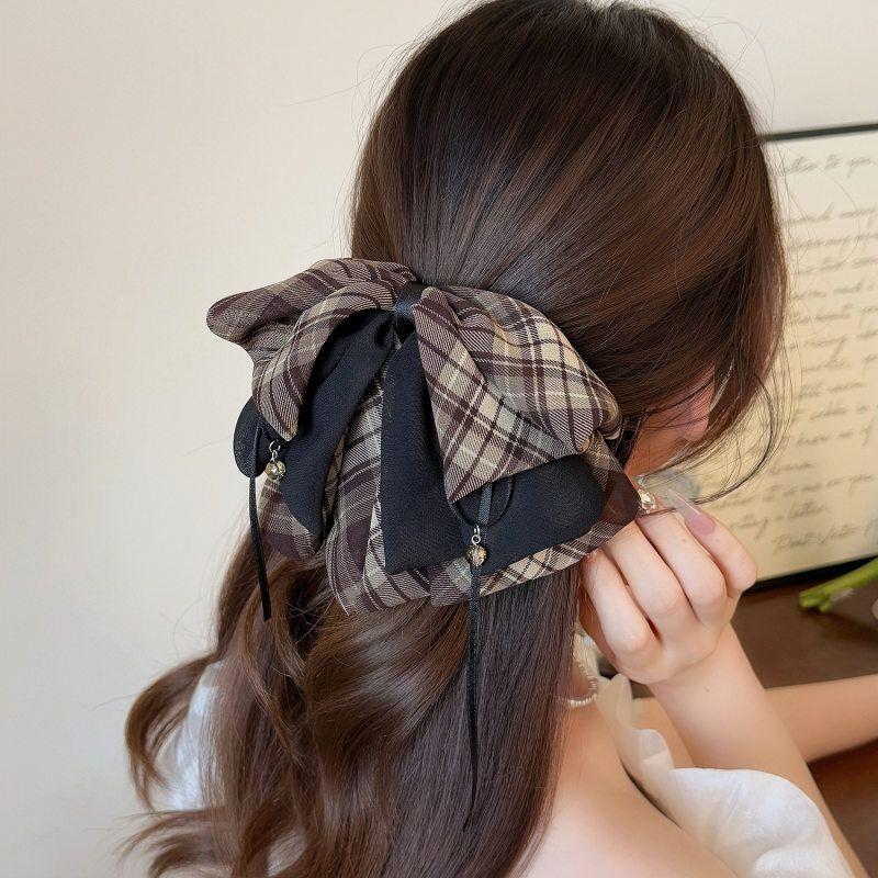 Vintage Plaid Butterfly Knot Hair Clip Women's Back Of Head Bun Shark Hair Clip Hair Accessories