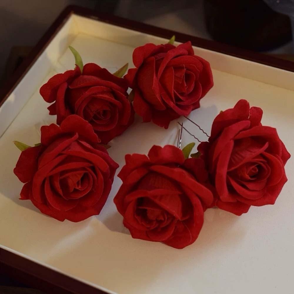 Sweet Rose Hair Forks Chinese Style Bride Flower Side Clips Golden Phoenix Hairpin  Women