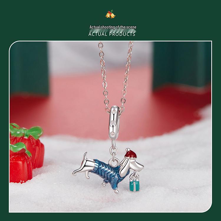 Handmade S925 Sterling Silver Dachshund Christmas Pendant with White Gold Plating - Creative DIY Jewelry Accessory