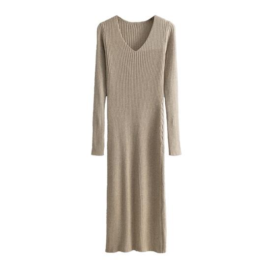 Women's Sweater Dress Fall Long Sleeve V Neck Ribbed Knit Split Long Dress Casual Bodycon Slim Fit Midi Dress