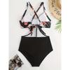 Random Print Criss Cross One Piece Swimsuit, Cut Out Tie Back Color Block High Cut Bathing Suit, Women's Swimwear & Clothing