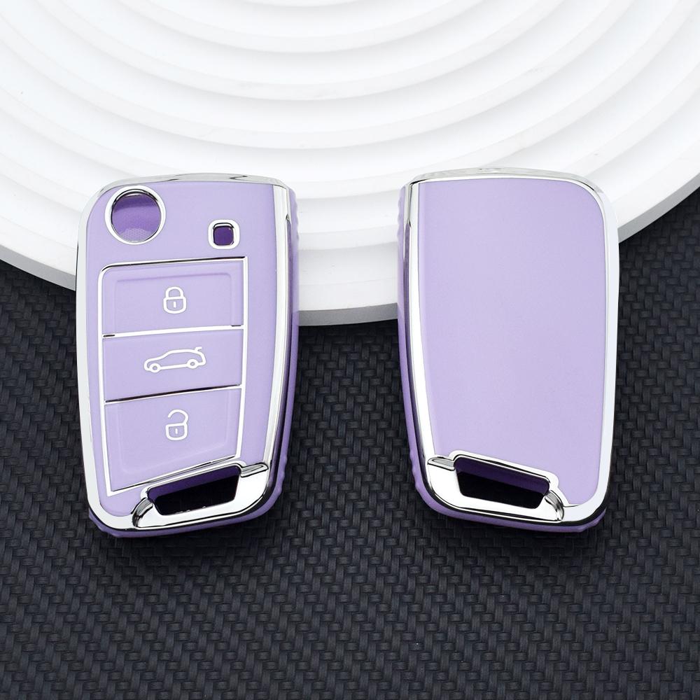 Husă de cheie pliabilă TPU moale cu margine argintie, husă protectoare pentru VW Volkswagen Polo Golf 7 MK7 Tiguan pentru Skoda Octavia A7 SEAT