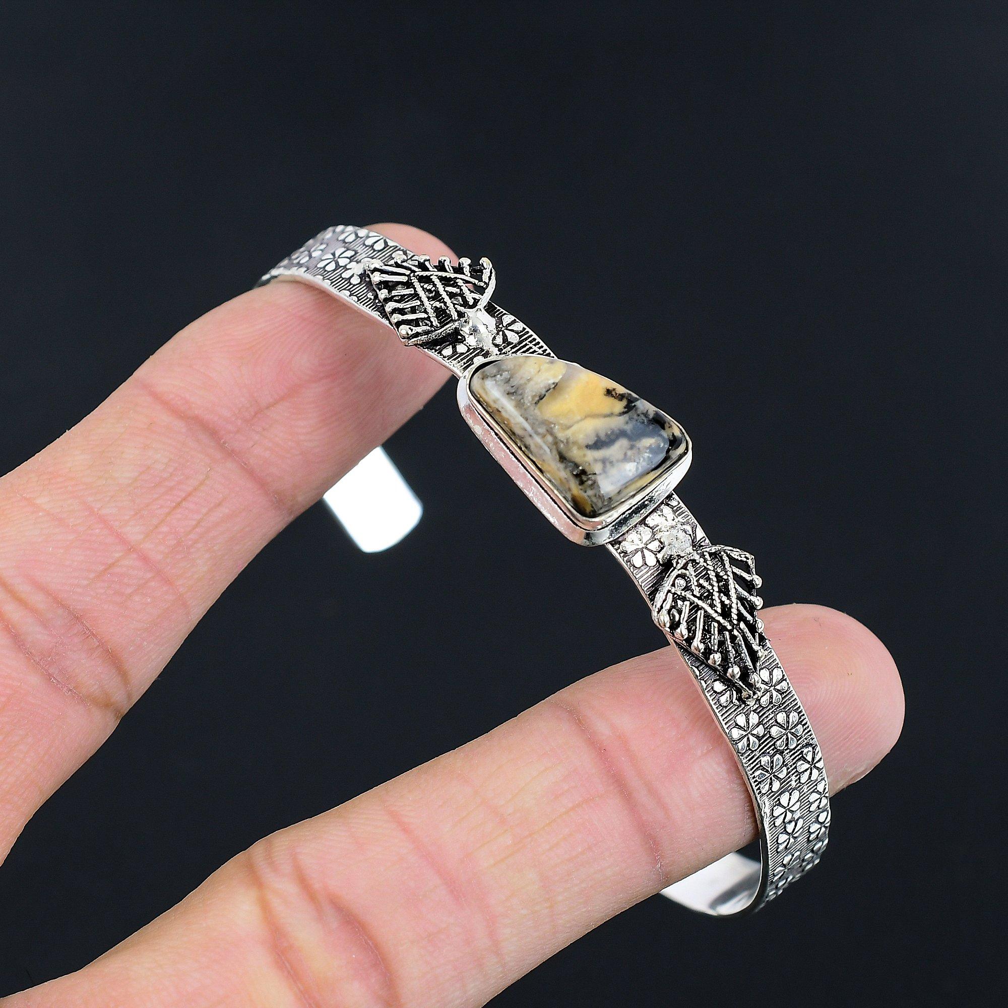 

925 Sterling Silver Dendritic Tiger Gemstone Engagement Mother Bangle Jewelry Adjustable